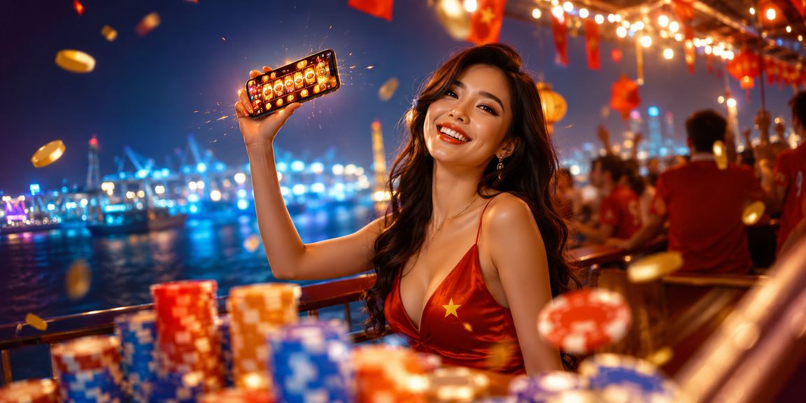 Chợ đêm Hải Phòng nhộn nhịp với người dùng chơi slots trên điện thoại trong ánh đèn lung linh